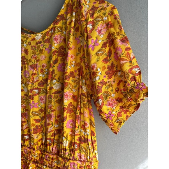 Floral Print Dress Smocked Waist Yellow Pink Rust Short Sleeve CasualFeminine - Picture 3 of 10